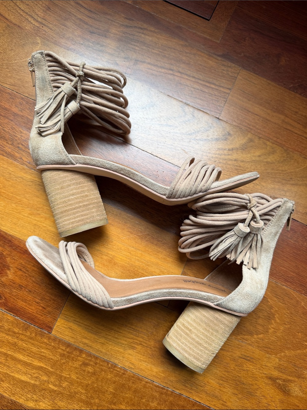 Jeffrey Campbell Taupe Suede Fringe Block Heel Sandals 7